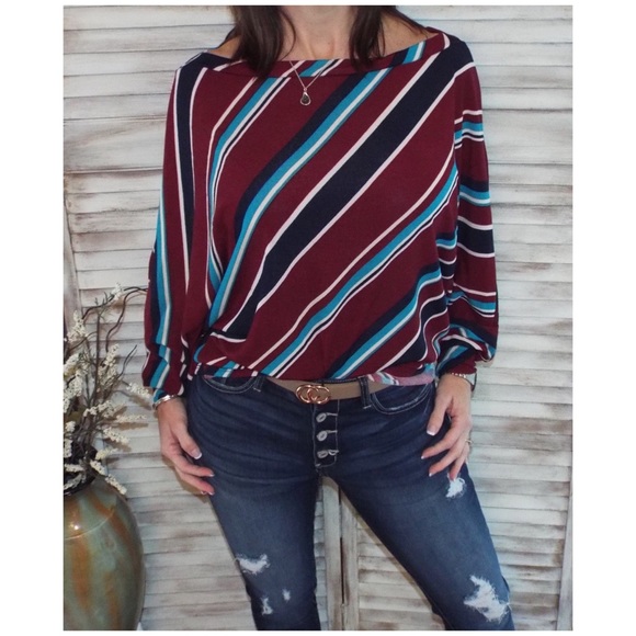 Tops - Striped Boatneck Dolman Off Shoulder Burgundy 0120